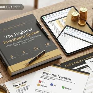 Puede incluir: Una imagen de herramientas de planificación financiera, que incluye un libro titulado "The Beginner Investment System", una tableta que muestra una hoja de cálculo, monedas de oro y listas de verificación impresas. El texto "MASTER YOUR FINANCES" está en la parte superior.