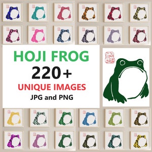 May include: A collection of 220+ unique images of a green frog with a large mouth, in various colours and patterns. The text "HOJI FROG 220+ UNIQUE IMAGES JPG and PNG" is displayed below the images.