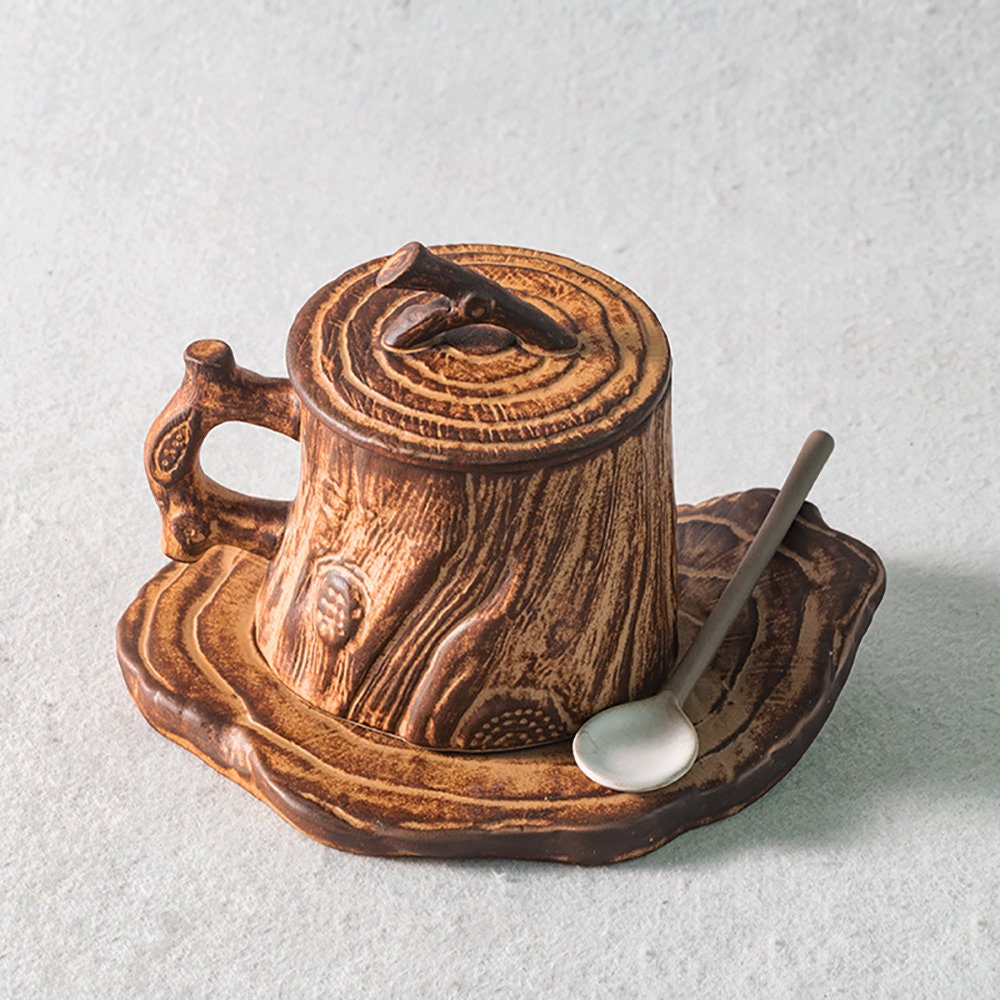 Starbucks Squirrel Stump Wood Grain Ceramic Mug Coffee Cup 13oz Set with  Lid