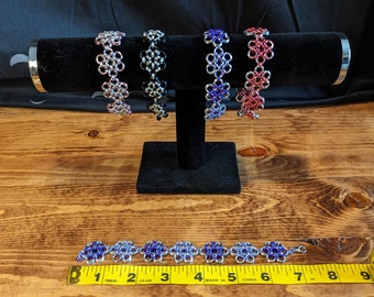 Japanese flower chainmaille weave bracelet - light purple, dark purple, and silver.