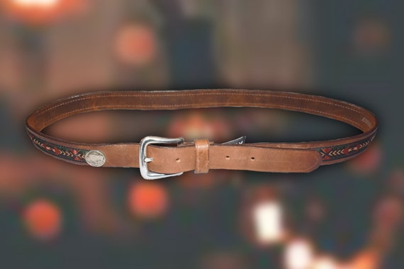 Brighton Indian Nickel Leather Belt Sz 38” - image 2