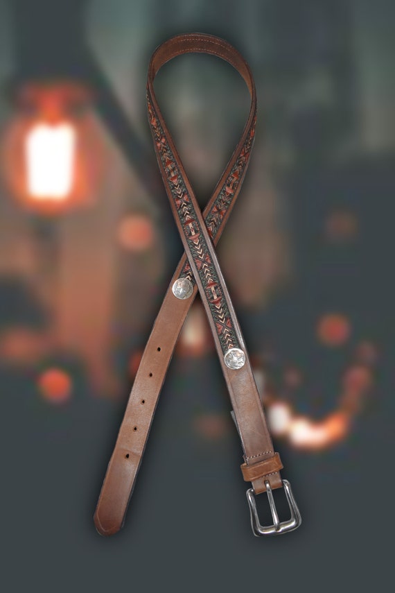Brighton Indian Nickel Leather Belt Sz 38” - image 1