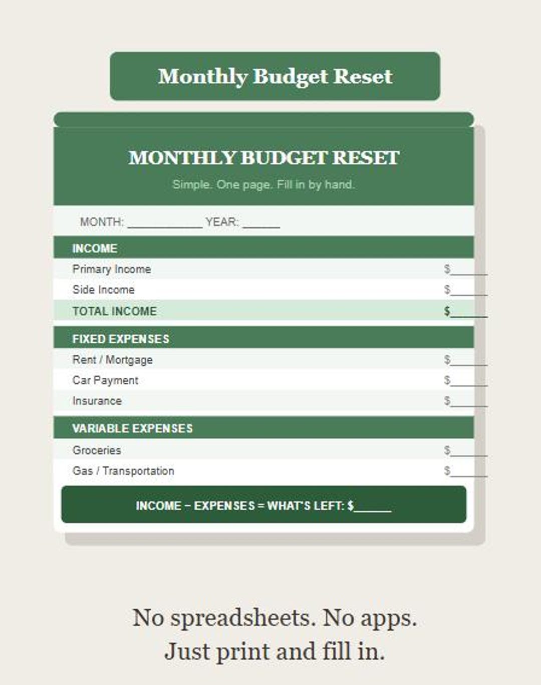 Budget One Page Examples Monthly Budget Template Printable | Simple 1-page Budget Reset ...