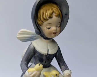 Vintage - Figurine - Girl / Blue Dress Girl with Hen and Chicks - Porcelain - Marked Taiwan - 5''Tall