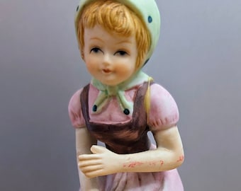ヴィンテージ - ガチョウを持った少女の置物、韓国製、高さ6.5インチ
