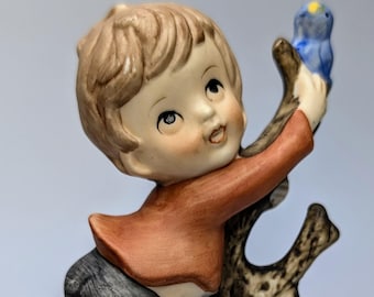 Vintage - Figurine - Boy in Tree with Blue Bird - Porcelain - 4.5''Tall