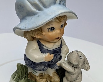 Vintage - Figurine - Boy with Blue Hat and Grey Dog - Porcelain - 3.5'' Tall