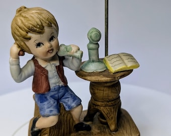 Vintage - Figurine - Boy with Phone and Umbrella - Porcelain - 5.5'' Tall