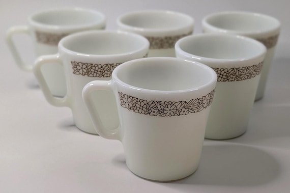 Vintage - Set of 8 Coffee Mugs - Pyrex - Woodland Pattern - 3.5'' High x 3.5'' Wide