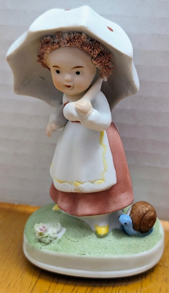Vintage - Girl Figurine with Porcelain Umbrella - Marked Korea - 3.5'' Tall