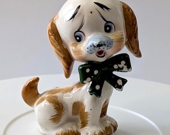 Vintage - Cute Beige Dog Figurine with Green Bow Tie - 3.75'' Tall