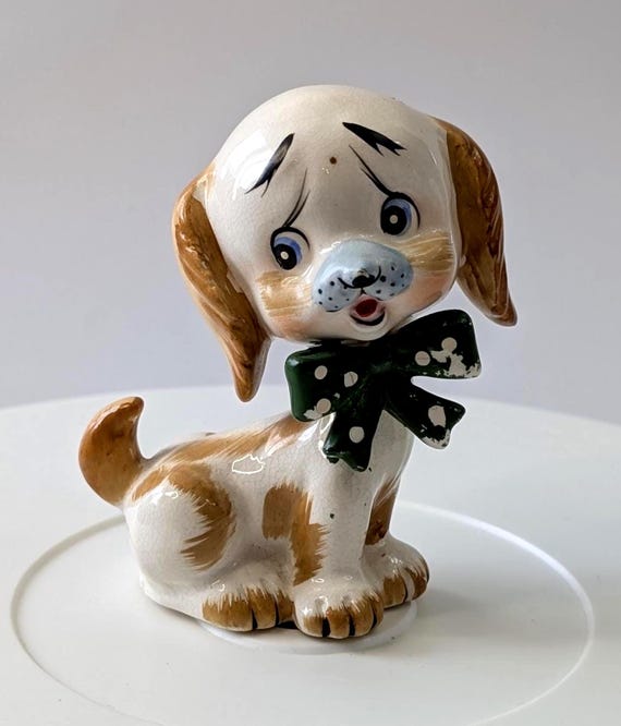 Vintage - Cute Beige Dog Figurine with Green Bow Tie - 3.75'' Tall
