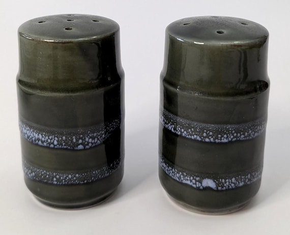 Vintage - Salt and Pepper Shakers - Green Cylinders with Stripes - ceramic - marked Japan - 3'' high