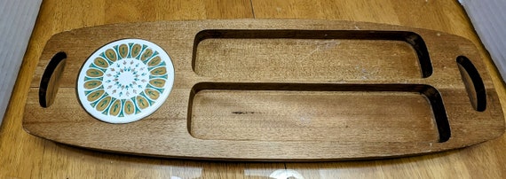 Vintage MCM Wooden Plaque & Charcuterie Ceramics 17'' x 6'' Japan