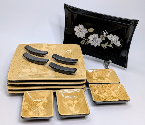 Sushi Plates & Accessories Set - for 4 people - Stoneware - 7''long x 7''wide / Small plates: 2.5''x3.25''