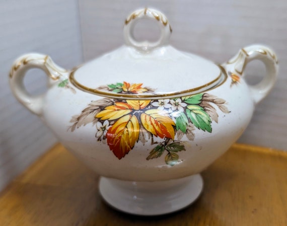 Vintage - Sugar Jug with Lid - Highland Empire England, Autumn Leaves - 4.5" Tall