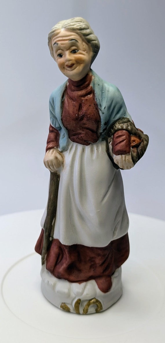 Vintage - Elderly Lady Figurine with Basket - Porcelain - Taiwan - 7'' Tall