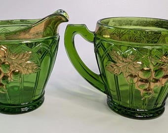 Vintage - Milk / Creamer & Sugar Set - NorthWood - green and gold - 4'' high