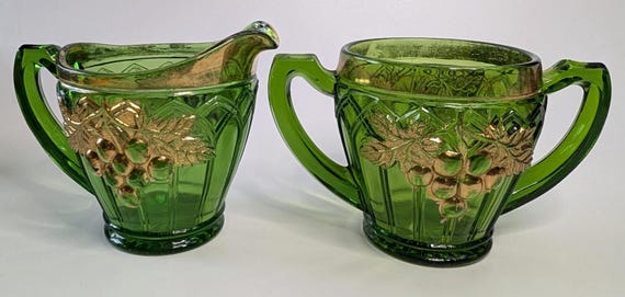 Vintage - Milk / Creamer & Sugar Set - NorthWood - green and gold - 4'' high