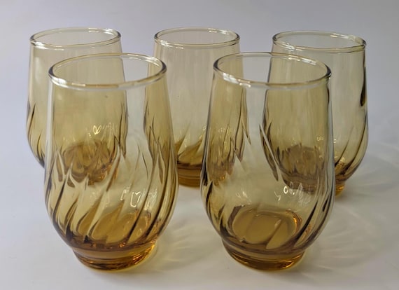 Vtg - Set of 5 Anchor Hocking Small Glasses - 3.75'' Tall - Amber