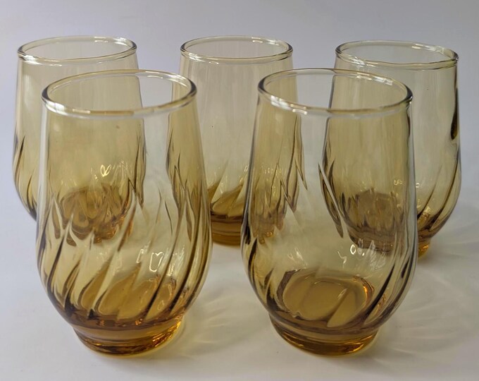 Vtg - Set of 5 Anchor Hocking Small Glasses - 3.75'' Tall - Amber