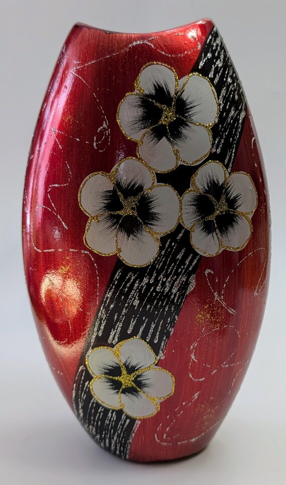 Vintage - Pretty Red Vase with Gold and White Flowers - Ceramic - Measures 11'' Tall x 6 Wide