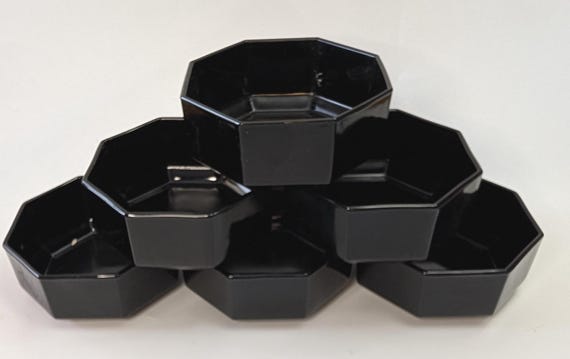 Vintage - Arcoroc Black Octagonal Set - 6 Small Bowls - in Black Glass