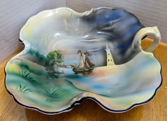 Vintage - Dish with handle and hand-painted sailboat design - Marked Germany - 8" x 8" x 3"