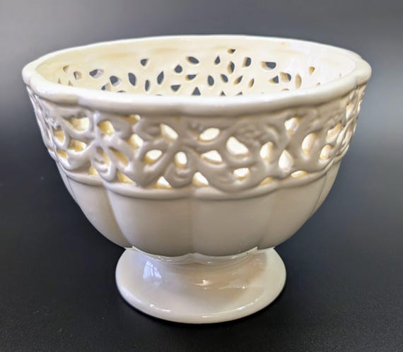Vintage - Elegant Footed Bowl - Compote - Ivory Color, reticulated - marked Abbott - Measures 4'' Tall x 5.5'' diam.