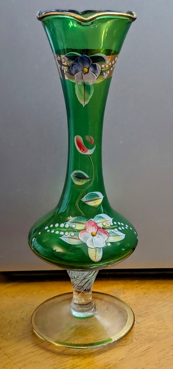 Vintage Bohemian Glass Green Vase, Czech, gold accent - hand painted - measures (7'')height