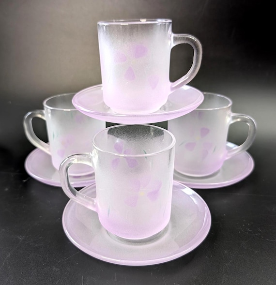 Vintage - Set of 4 Frosted Glass Cups and Saucers - Arcoroc France