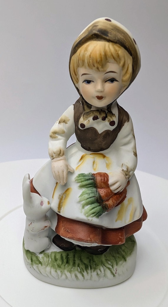 Vintage - Figurine - Girl Rabbit and Carrots - Porcelain - 5''Tall