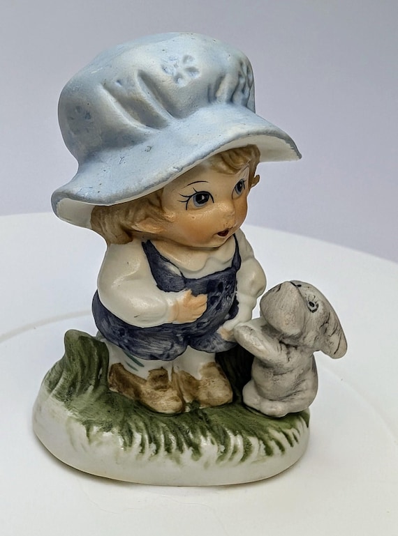 Vintage - Figurine - Boy with Blue Hat and Grey Dog - Porcelain - 3.5'' Tall