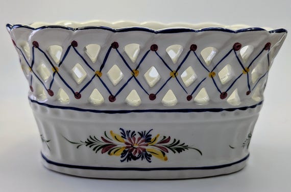 Vintage - Elegant Ceramic Basket - Hand Painted - Portugal - Measures 9.5''long x 5'' Tall