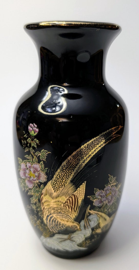 Vintage - Oriental Vase - Black with Gold Pheasant - Japan Marked - Measurement: 7'' Tall0