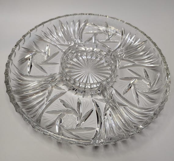 Vintage - 5 Section Serving Tray - Pinwheel Pattern - Bohemian Crystal - Measures 11.5'' Diameter - Weighs 2.25 Kilos