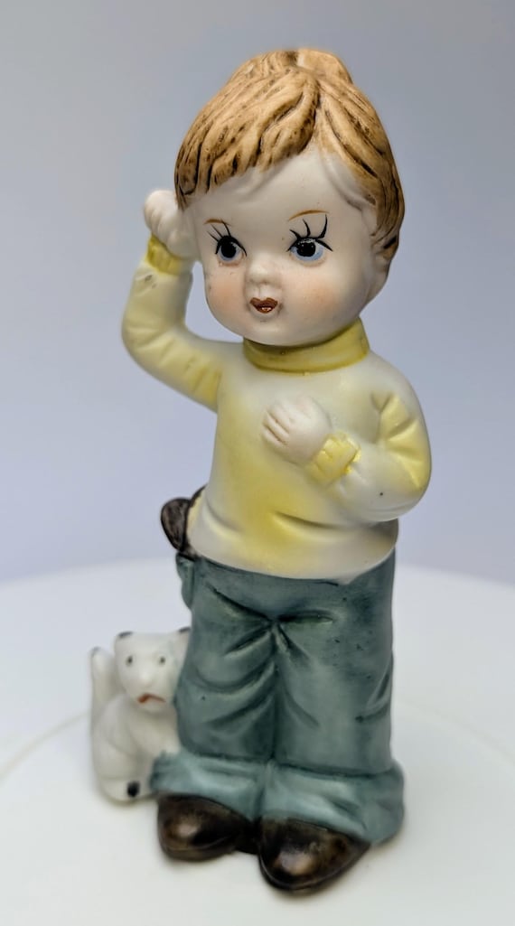 Vintage - Figurine - Boy with White Cat - Porcelain - 4'' Tall