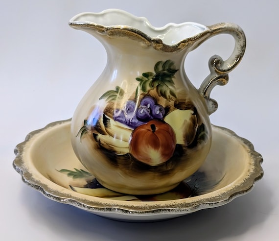 Vintage - Chamber Pot - Enesco, Japan - Hand Painted - Pitcher: 6'' Tall x 9'' Wide Plate