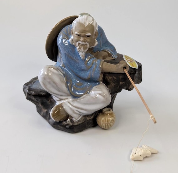 Vintage - Asian Fisherman Figurine Shiwan - handmade - sticker - made of clay - measures 3.75'' high