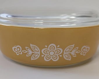 Fuente para hornear Pyrex Vintage Autumn Harvest Wheat - 1 pinta - con tapa - Utensilios de cocina fabricados en EE. UU.