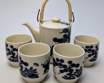 Juego de té asiático vintage: tetera y 4 tazas - Porcelana - Pintado a mano - Mide 23 cm de alto