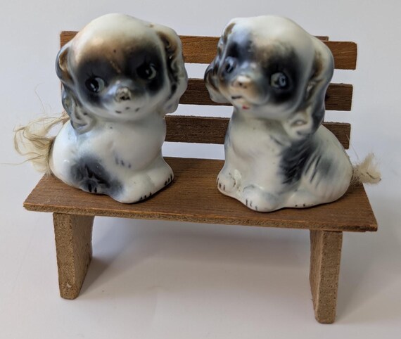 Vintage - Salt and Pepper Shakers - Dogs on wooden bench - Ceramic - 3.5'' high x 4'' long