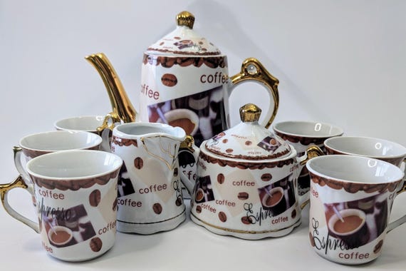 Beautiful Set of 6 Cups / Teapot, Milk Jug and Sugar Pot for Coffee / Espresso - with Gilding