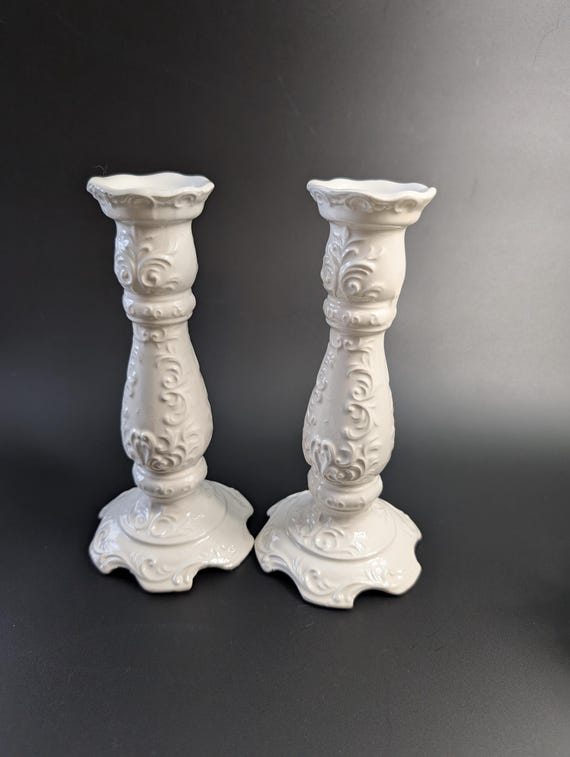 Vintage - Pair of Relief Candle Holders - Japan NapcoWare - Ceramic - White - 8'' high