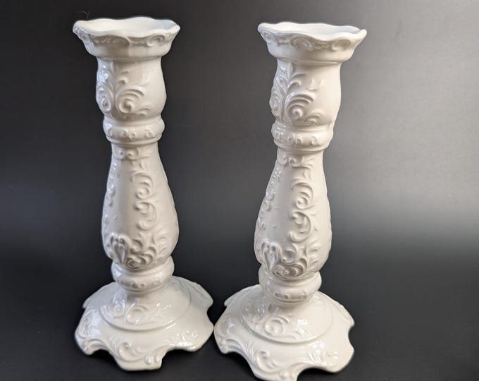 Vintage - Pair of Relief Candle Holders - Japan NapcoWare - Ceramic - White - 8'' high