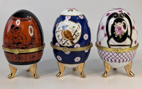 Vintage - Lot of 3 - Porcelain Eggs - Jewelry Box / Trinket - on legs - 3.5'' high