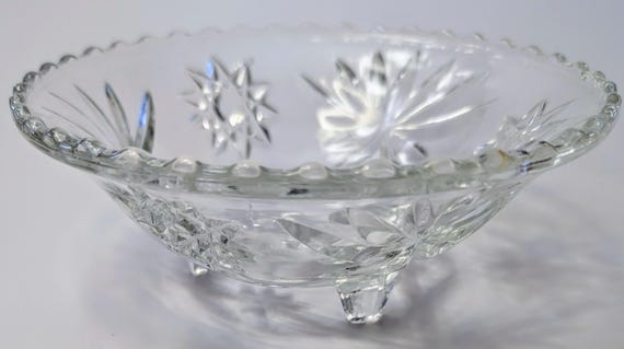 Vintage - Anchor Hocking Glass Footed Bowl from the Early American Prescut Series - 7''diam