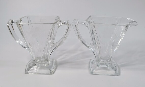 Vintage - Indiana Glass - Creamer and Sugar Pot Set - Depression Glass - Art Déco - Etched Flowers - 4'' high