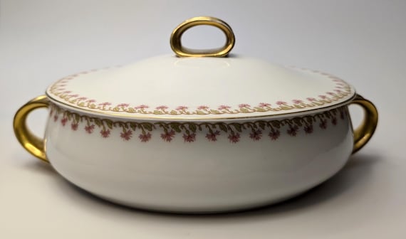 Vintage - Vegetable Platter / Tureen - Marked Bavaria - White and Pink Flowers - Measures 12'' long(with handles) x 7'' wide x 2.75'' tall
