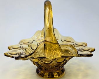 Vintage - L.E.Smith - MOON & STARS Pattern - Amber Glass Basket - 6''longx5.5''widex5.5'' tall